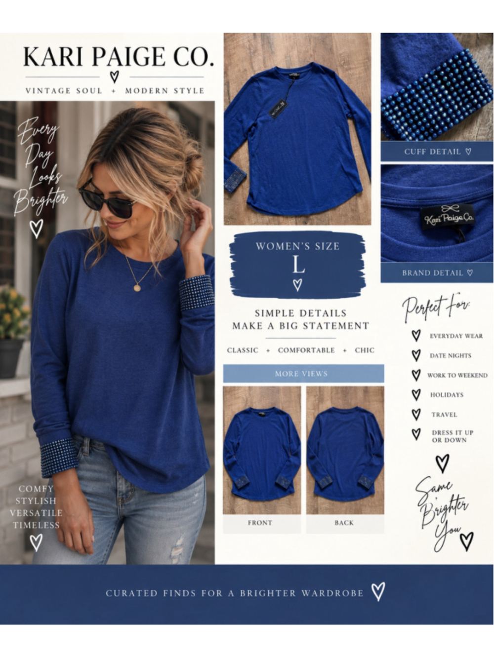 Women's D2 Blue Long Sleeve Tee with Embellished Cuffs, Size L F26